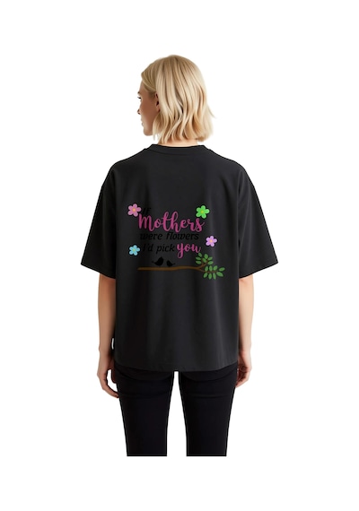 Paybuy Çiçek Gibi Anne Teşekkürü Baskılı Kadın Oversize Tişört Siyah