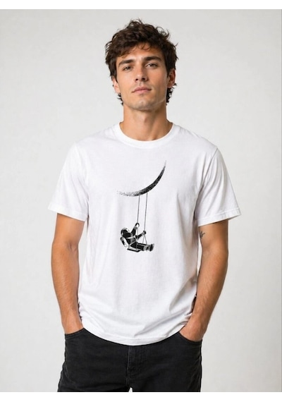 Erkek Astronot Ay Temalı Tişört Kısa Kol Yazlık Bisiklet Yaka T-shirt - Beyaz