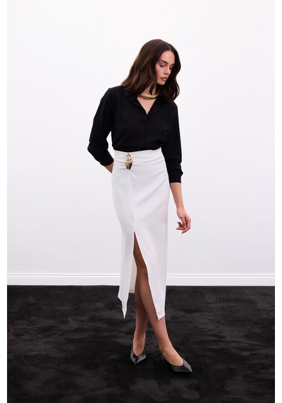 Sateen Gold Yan Aksesuarlı Etek - Ekru-136886 Ekru