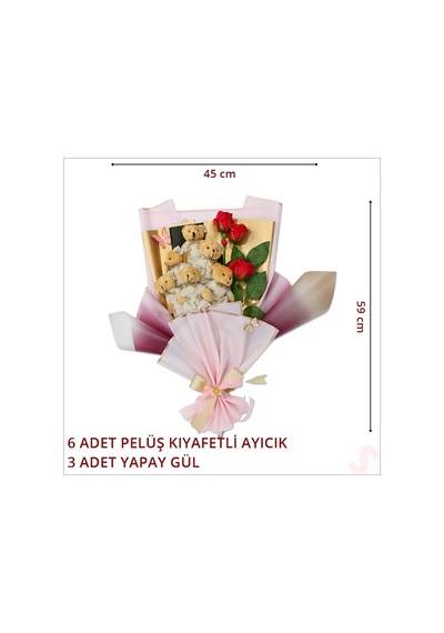 6 Pelüş Ayıcıklı Ve 3 Yapay Güllü Buket, 59cm X 45cm