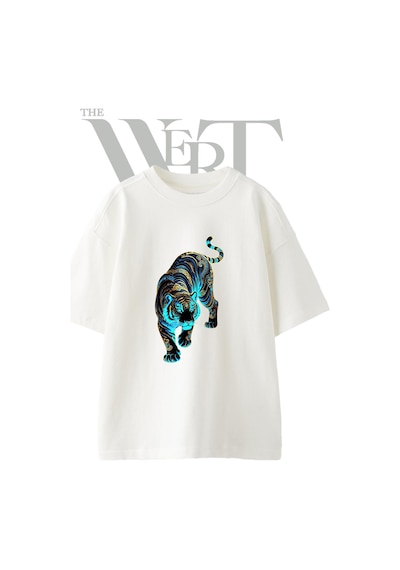 Thewert Kaplan Desen Tasarım Baskılı Ünisex Beyaz Oversize T-shirt