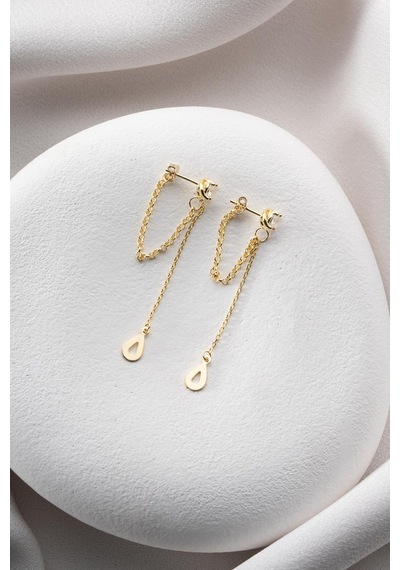 925 Ayar Gümüş Gold Kaplama 5 Mm Tektaş Sallantılı Zincir Su Damlası Model Küpe Gold