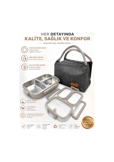 Valkyrie 304 Paslanmaz Çelik 3 Bölmeli Lunch Box Termal Çantalı Sızdırmaz Kapaklı Beslenme Kabı Açık Kahve