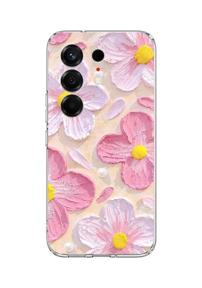 Tecno Camon 50 4g Uyumlu Pembe Beyaz Çiçekler Sulu Boya Baskılı Silikon Kılıf Renkli