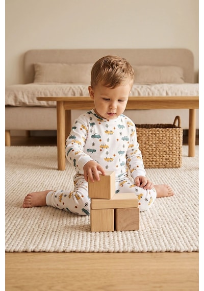 Zuzunga Araba Desenli %100 Pamuk Süprem Kumaş Erkek Bebek - Çocuk Pijama Takımı BEYAZ