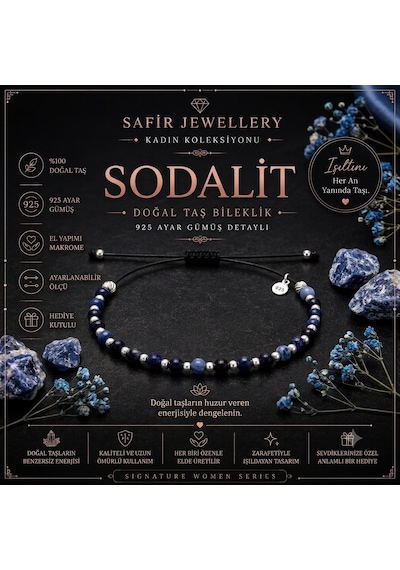 Sodalit Doğal Taşlı 4mm - 925 Ayar Gümüş Toplu Makrome Örgülü İpli Kadın Bileklik – Hediye Kutulu