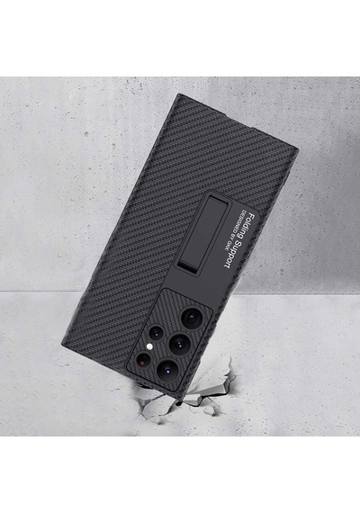 Samsung Galaxy Uyumlu S23 Ultra Kılıf Kalemlikli Standlı Carbon Görünüm