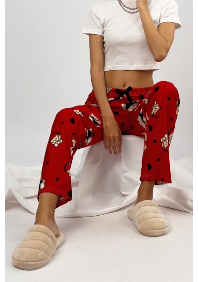 Kadın Kadife Pijama Altı Eşofman Pamuklu Kırmızı