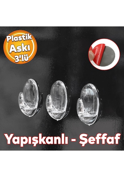 Yapışkanlı Banyo Lavabo Mutfak Askılık Şeffaf Plastik Sağlam Asma İz Bırakmayan Askı 3 Adetli Set Çok Renkli