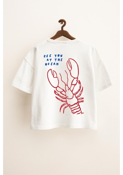 Monila Unisex Çocuk Pamuklu Kumaş Istakoz Baskılı T-shirt Ekru