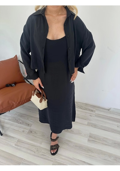 Keymoda Kadın Gömlek Elbise Takım Siyah Siyah