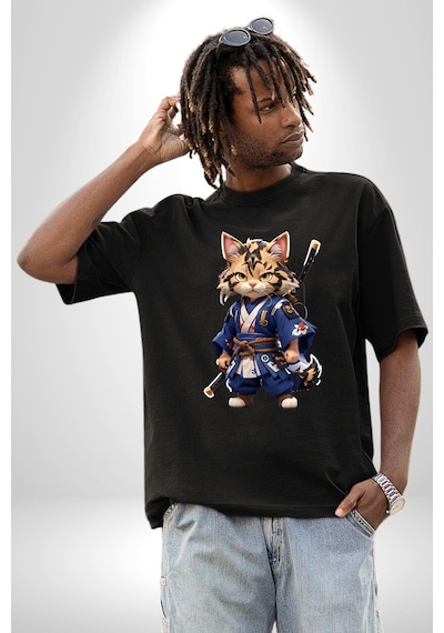 Asyalı Kedi Samuray Savaşcı Pamuklu Bisiklet Yaka Unisex Oversize Boyfriend Dijital Baskılı Siyah T-shirt Siyah