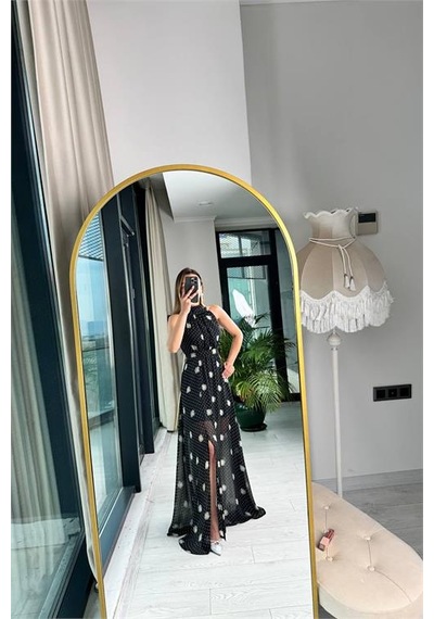 Neşeli Butik Kadın Halter Yaka Astarlı Maxi Şifon Elbise Nbmy3242 Siyah