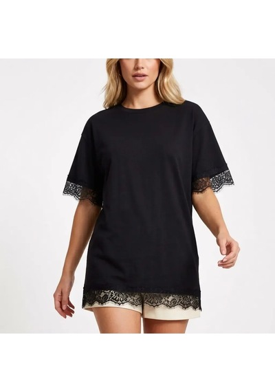 Kadın Bisiklet Yaka Dantel Detay Oversize Penye Bluz 26005 Siyah