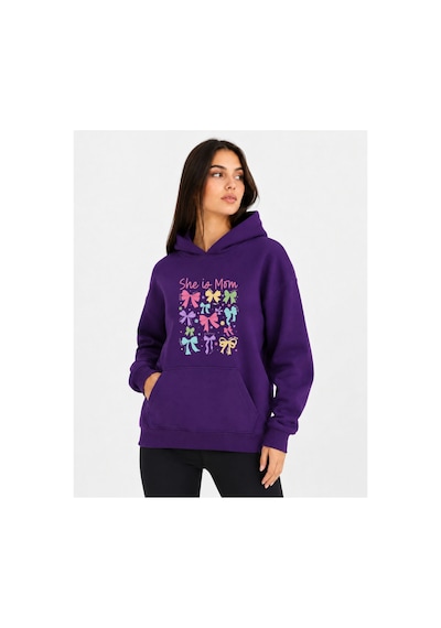 Herkesemoda Renkli Kurdeleler Baskılı Kapüşonlu 2 İplik Şardonlu Sweatshirt Mor