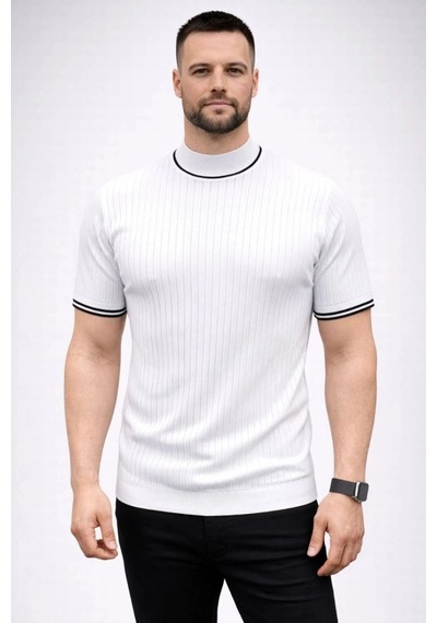 Freedom Storee Erkek Fitilli Triko Dokuma Kısa Kol Tişört Yarım Boğaz Modern Yazlık T-shirt - Beyaz Çok Renkli