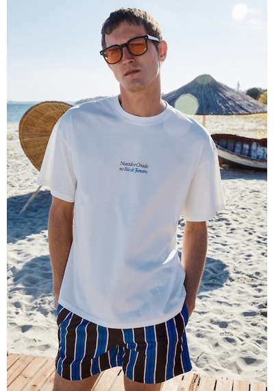 Grımelange Copacabana Erkek Ön Arka Çatlayan Baskı Detaylı %100 Organik Pamuk Oversize Kısa Kollu Beyaz T-shirt