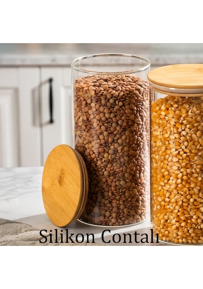 Porsima 2-3 Bambu Vakumlu Kapaklı Yuvarlak Borosilikat Cam 9lu Kavanoz Seti Saklama Kabı 1300ml 10x20cm Şeffaf