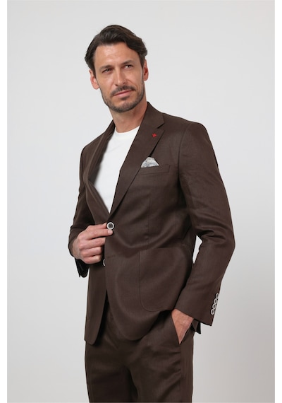 İmza Kahverengi Mono Yaka Keten 6 Drop Slim Fit Yarım Astar %100 Keten Takım Elbise 1001260164