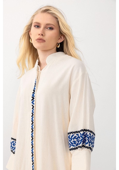 Olcay Yandan Yırtmaçlı Nakışlı Poplin Elbise Bej-saks 9291-e