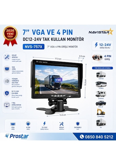 7 İnç Vga Ve 4 Pin Girişli Araç Monitörü Mobil Dvr Uyumlu 12-24v