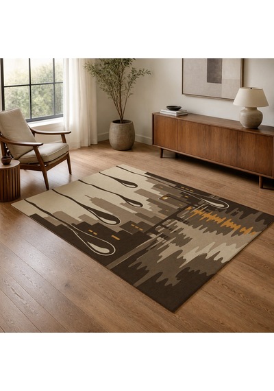 Kartela Halı Yağmur Şehir Silüetli Modern Halı Bej Kaymaz Taban Makinede Yıkanabilir 100x150 Cm