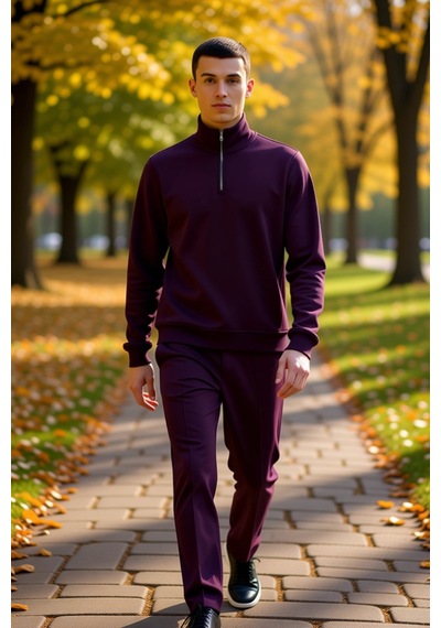 Benerly Erkek Dik Yaka Fermuarlı Standart Kol Regular Kalıp Sweatshirt Fo Mürdüm