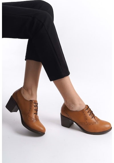 Analin Shoes Kadın Hakiki Deri Bağcıklı Klasik Topuklu Ayakkabı A.taba