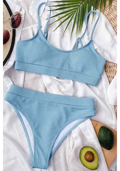 Angelsin Yüksek Bel Fitilli Kumaş Bikini Altı Mavi