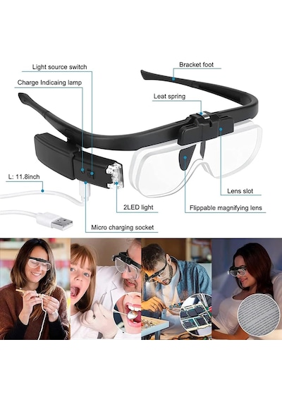 3 Lens 2 Led Işıklı Gözlük Tipi Büyüteç Usb Şarjlı Büyüteç 1.5x 4.5x Profesyonel Okuma Hobi İçin