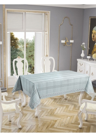 Dantelli Keten Efektli Leke Tutmaz Lüks Masa Örtüsü 160x220 Cm Mint