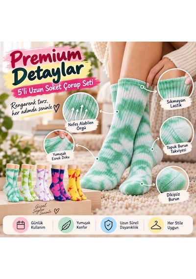 Unisex Batik Desenli Çorap 5 Li Set Renkli Pamuklu Uzun Soket Dikişsiz Nefes Alan Günlük Spor Çorabı Çok  Renkli
