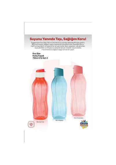 Eco Şişe Suluk 750 Ml 3 Lü Set Kırmızı Mavi Pembe