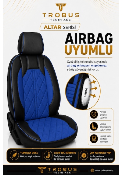 Fiat Egea Cross 2020 Sonrası Uyumlu Altar Serisi Tay Tüyü Mavi Siyah Premium Koltuk Kılıfı