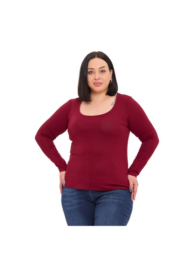 Disentis Büyük Beden U Yaka Uzun Kollu Viskon Bordo Body Bordo