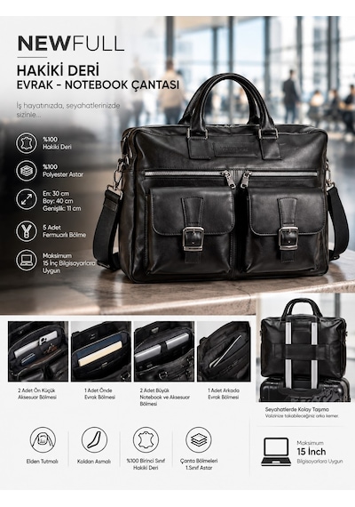 Newfull Hakiki Deri Erkek Siyah Evrak Notebook (Laptop) Çantası Siyah