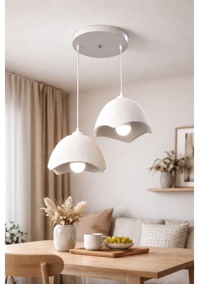 Beton Görünümlü Loft Stil Modern, Vegan, Çevre Dostu Salon , Mutfak İçin 2'li Şapka Sarkıt Avize Beyaz