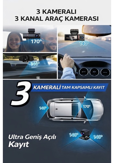 Gps Li 4k Araç Kamerası Wifi Destekli Üçlü Kayıt Gece Görüşlü Dashcam Sistem