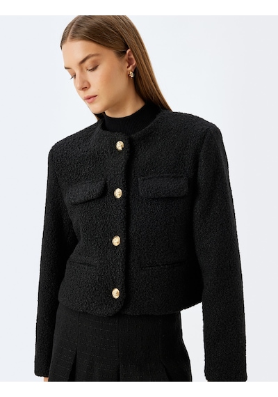 Koton Kapaklı Cep Detaylı Yakasız Crop Tüvit Blazer Ceket Siyah 5wak20059ew Siyah