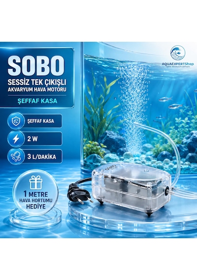 Sobo Sessiz Hava Motoru - Tek Çıkışlı - Şeffaf Tasarım - 1 Metre Hava Hortumu Hediye - 2w - 3lt/saat