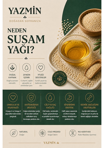 Yazmin Susam Yağı 250 Ml Cam Şişe Soğuk Sıkım %100 Doğal Saf Susam Yağı