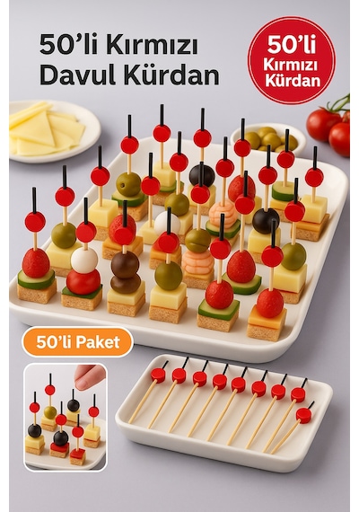 50 Li Kırmızı Yuvarlak Davul Kürdan 12 Cm Parti, Sunum, Kanape, Kokteyl Ve Peynir Tabağı İçin Dekoratif Kürdan