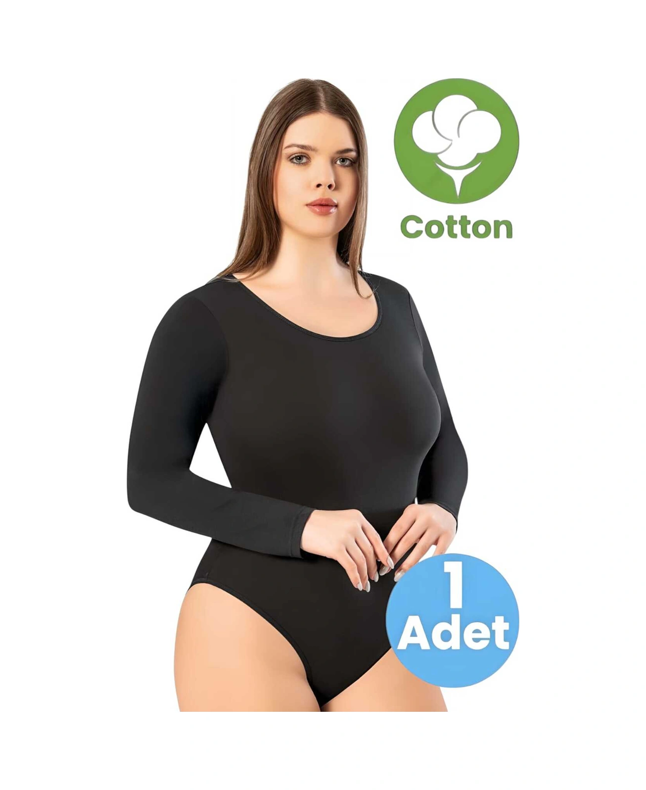 Tezzgelsin Kadın Pamuklu Bisiklet Yaka Uzun Kol Çıtçıtlı Body Siyah
