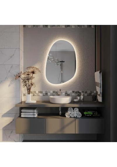 70x101 Cm Asimetrik Oval Led Banyo Aynası Dokunmatik Dim Edilebilir, 3000k Günışığı Sarı