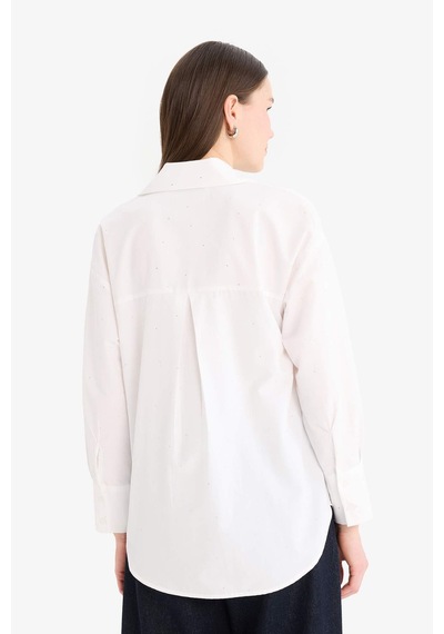 DeFacto Relax Fit Basic Düz Poplin Uzun Kollu Tesettür Gömlek Tunik E7977AX25SMWT34