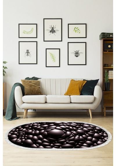 Kaymaz Dijital Mutfak & Salon Halı Trend Saçaklı Oval Geometrik E5009 Siyah
