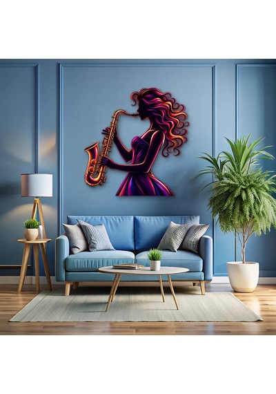 Neon Saksofoncu Kadın - Metal Tablo - Dec0243 60 X 61 Cm Çok Renkli