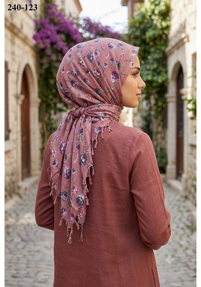 Dolce Cotton Desenli Sökme Boncuklu Eşarp 240-123 Çok Renkli