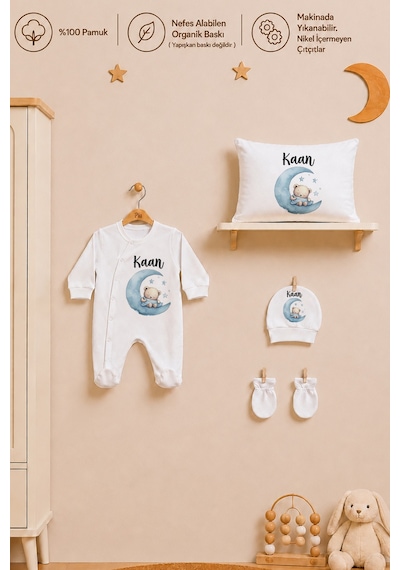Pia Baby İsme Özel Erkek Bebek Tulum %100 Pamuk Organik Baskılı İsimli Bebek Tulumu 35x45 Cm Yastık Kılıfı Bebek Hediye Seti 1071yt3x Krem