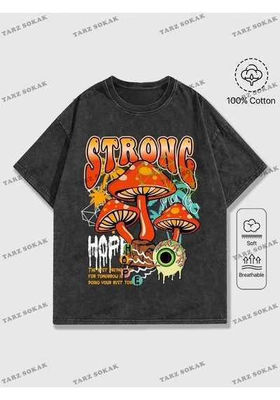 Startmore Kod Trend Street Life Erkek Mantar Ve Harf Baskılı T-shirt Siyah